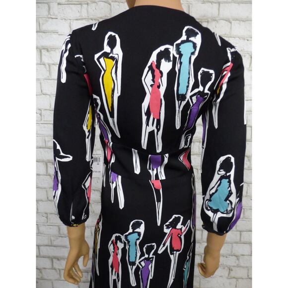 $725 Boutique Moschino Black Multi Print Crepe Midi Vneck Dress 38 US 4 NWT - Picture 12 of 16